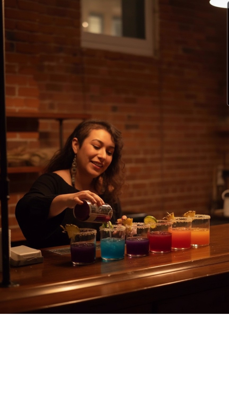 Auntie Jess pouring colorful fermented honey herbal elixir shots at a warm, welcoming bar setup
